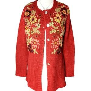 Vintage April Cornell Red Floral Wool Blend Button-Up Grandma Cardigan Women's M